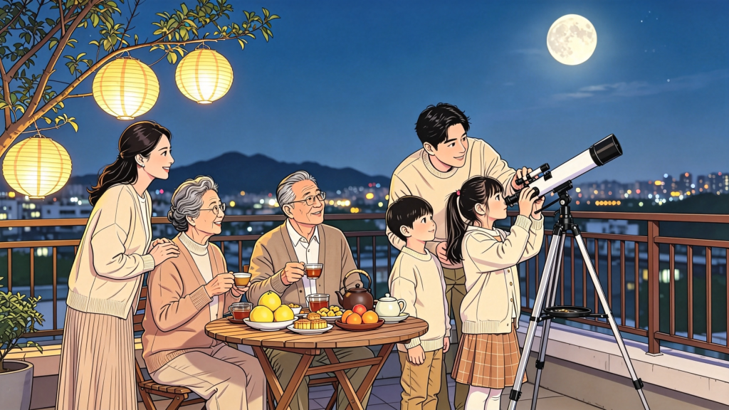 中秋家人屋顶赏月人物漫画风插画