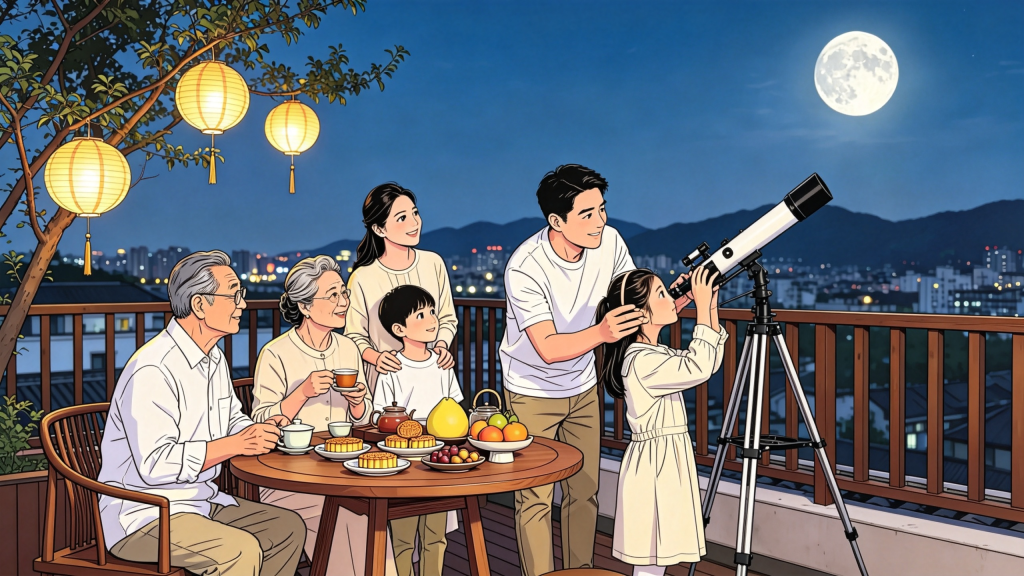 中秋家人屋顶赏月人物漫画风插画