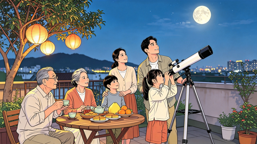 中秋家人屋顶赏月人物漫画风插画
