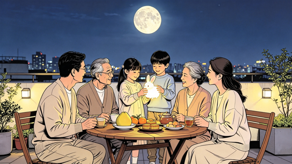 中秋家人屋顶赏月人物漫画风插画