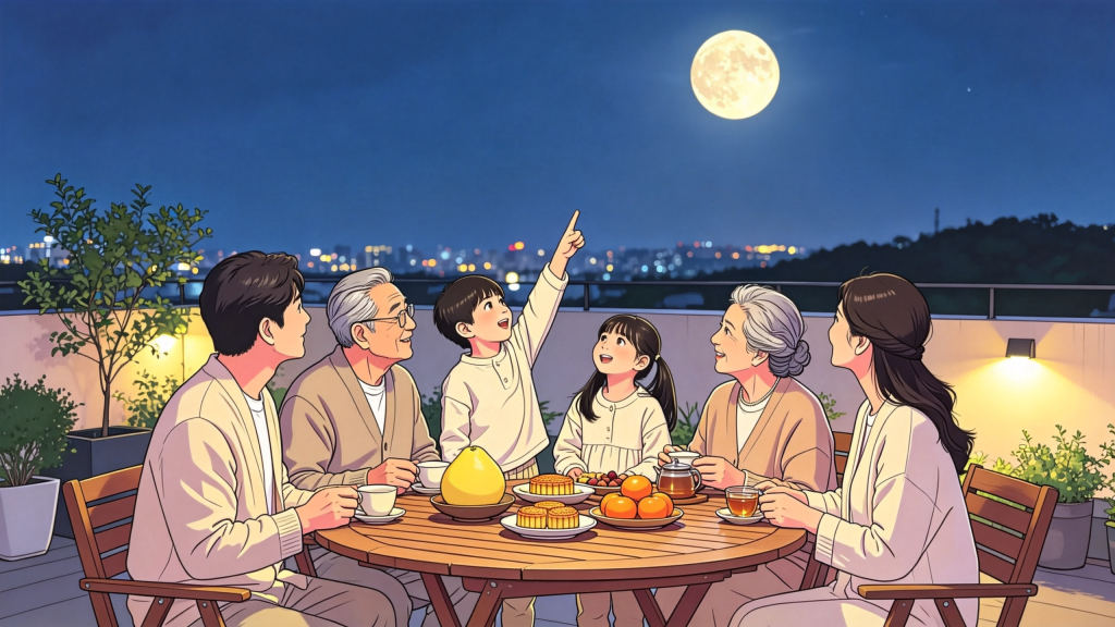 中秋家人屋顶赏月人物漫画风插画