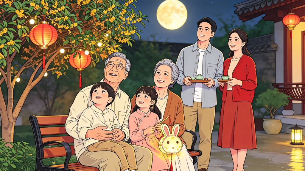 中秋家人庭院赏月人物漫画风插画