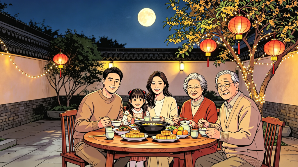 中秋家人庭院赏月人物漫画风插画