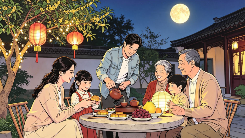中秋家人庭院赏月人物漫画风插画