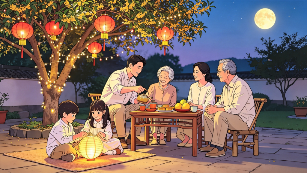 中秋家人庭院赏月人物漫画风插画