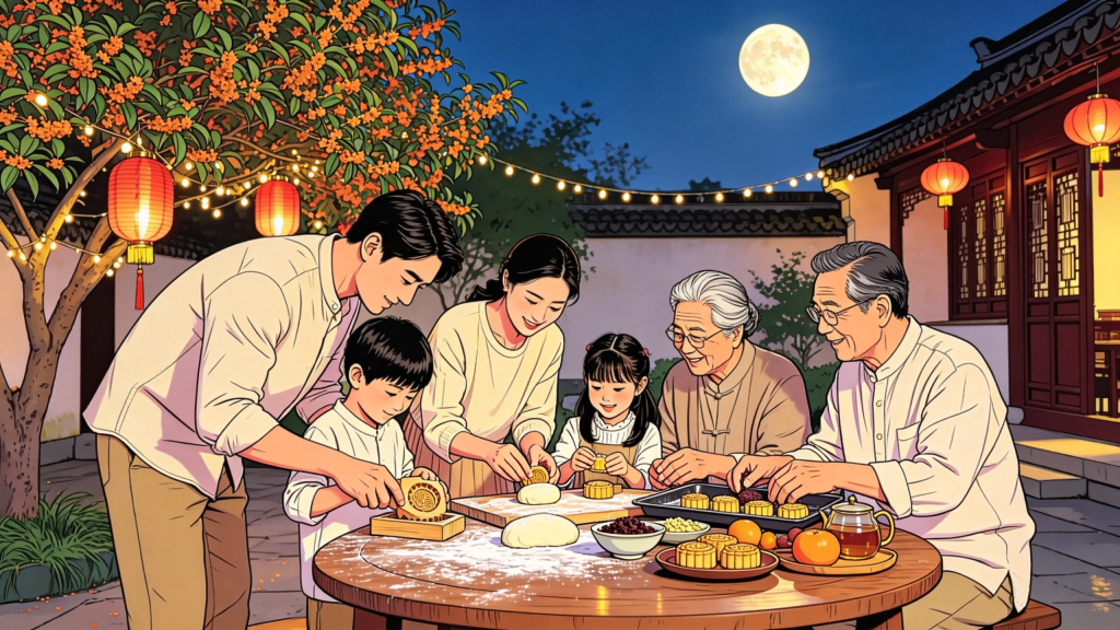 中秋家人庭院赏月人物漫画风插画