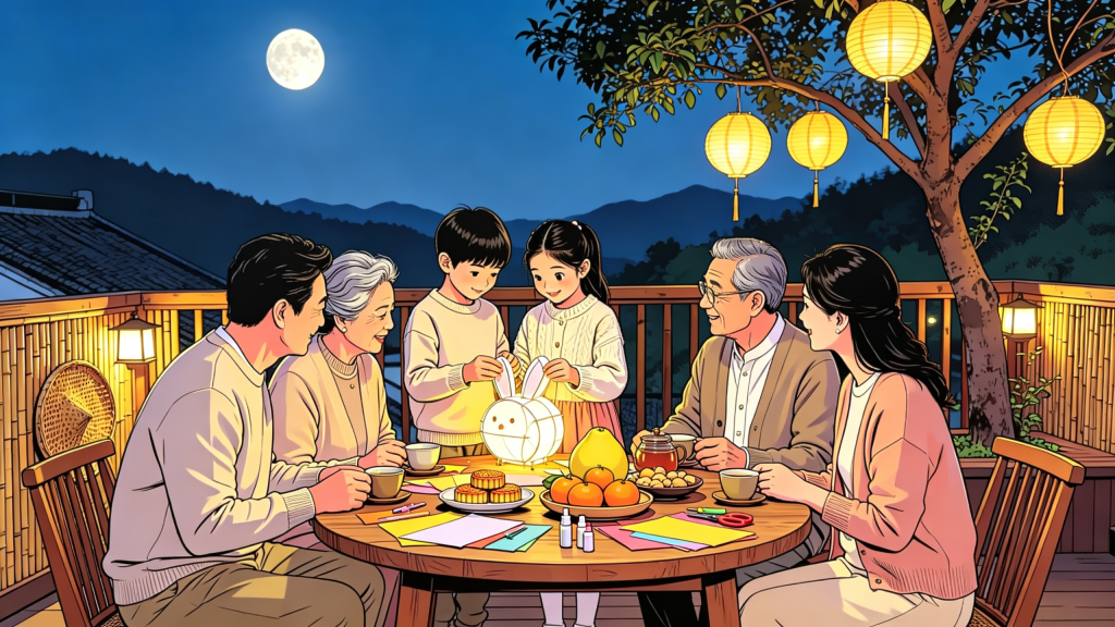 中秋家人庭院赏月人物漫画风插画