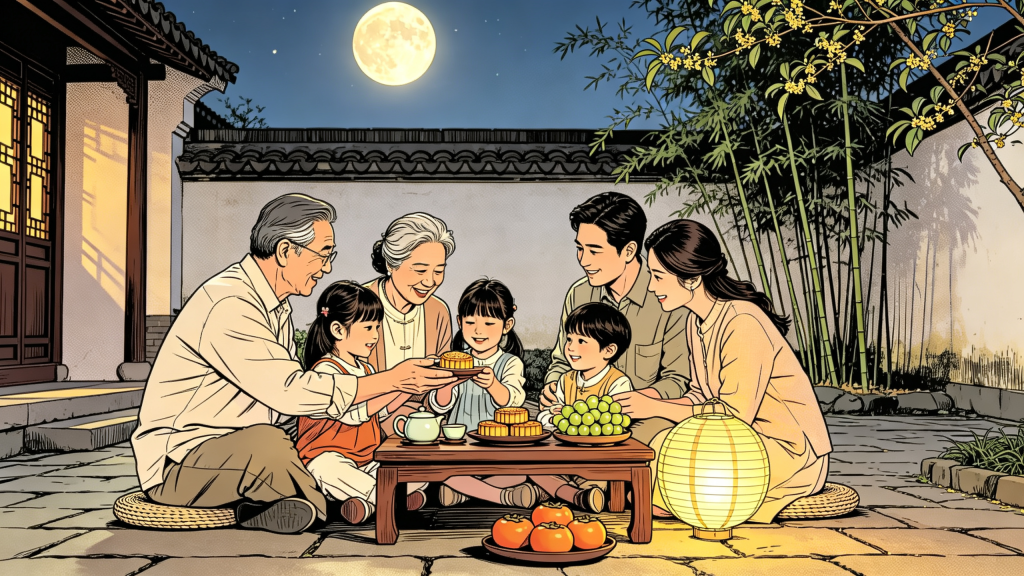 中秋家人庭院赏月人物漫画风插画