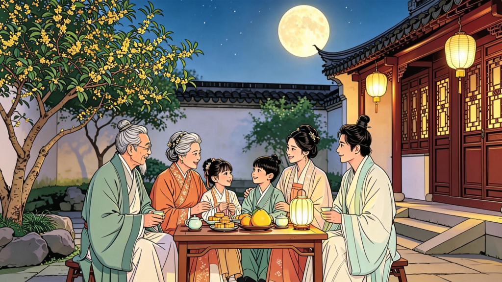 中秋家人庭院赏月人物漫画风插画
