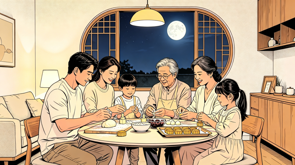 中秋家人制作月饼人物漫画风插画