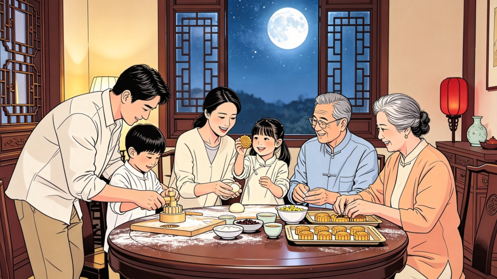 中秋家人制作月饼人物漫画风插画