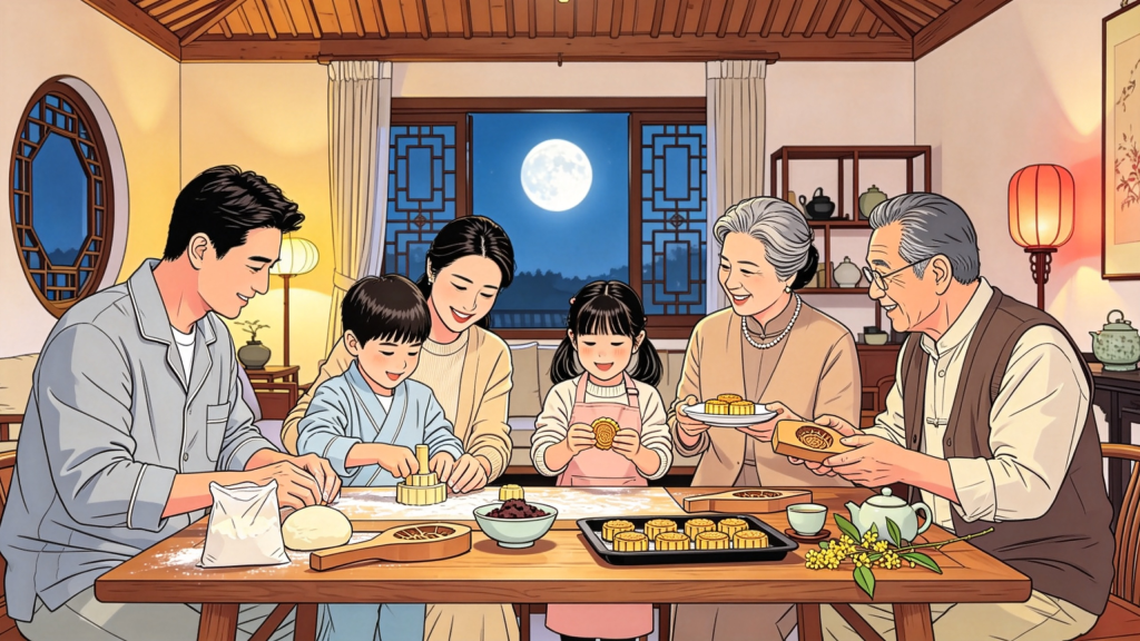 中秋家人制作月饼人物漫画风插画