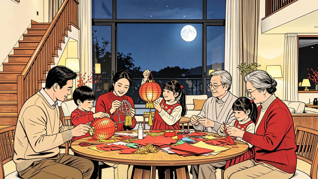 中秋家人聚会人物漫画风插画