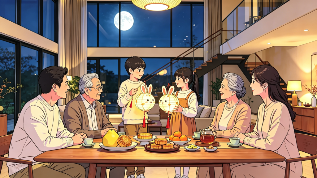 中秋家人聚会人物漫画风插画