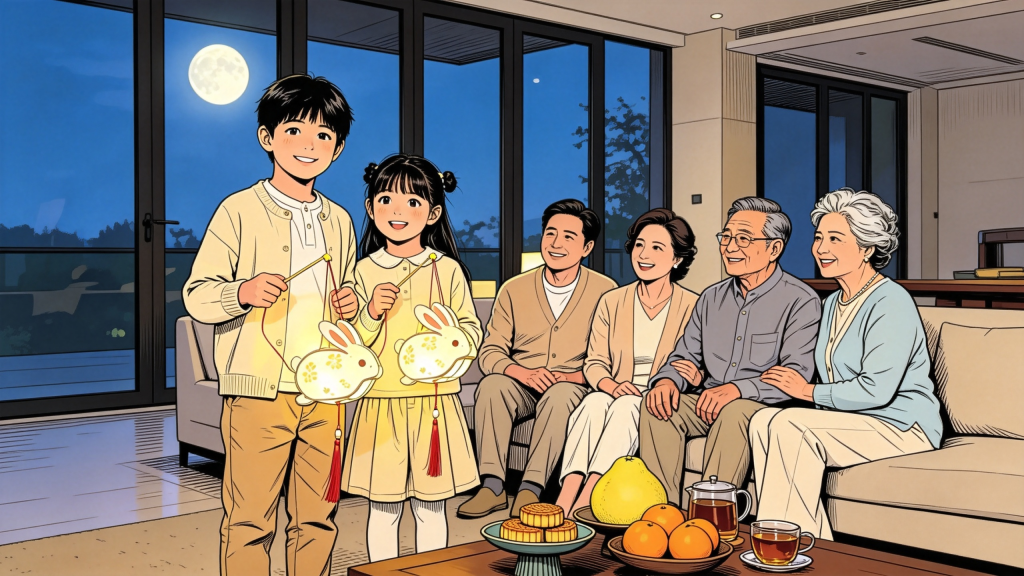 中秋家人聚会人物漫画风插画