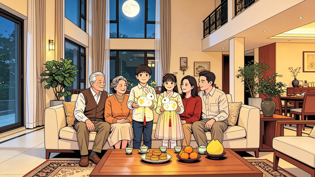 中秋家人聚会人物漫画风插画