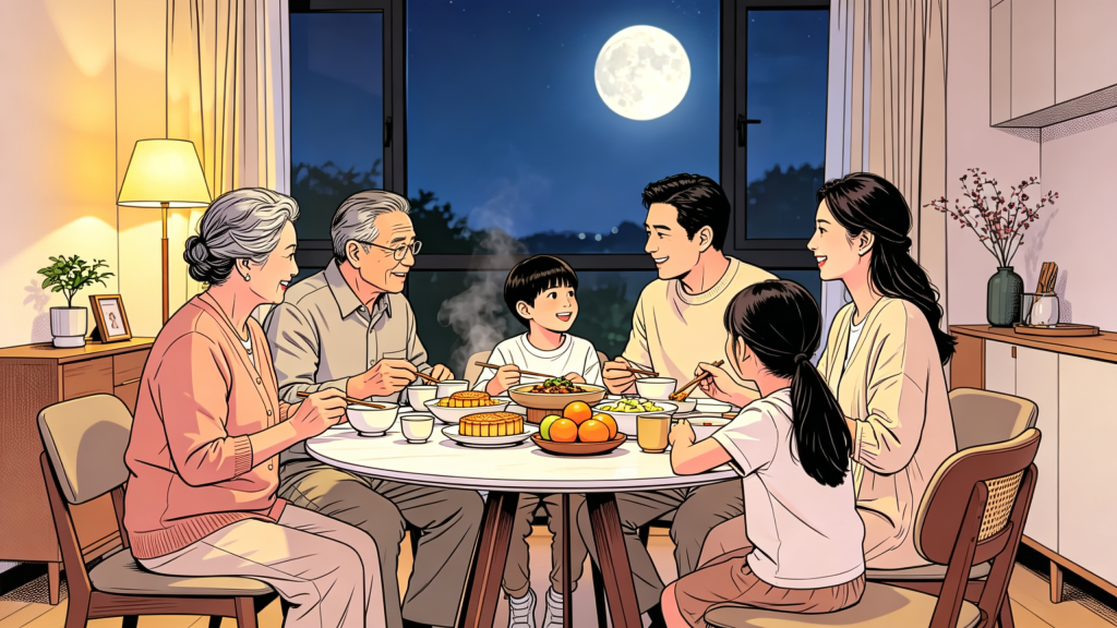 中秋家人聚会人物漫画风插画