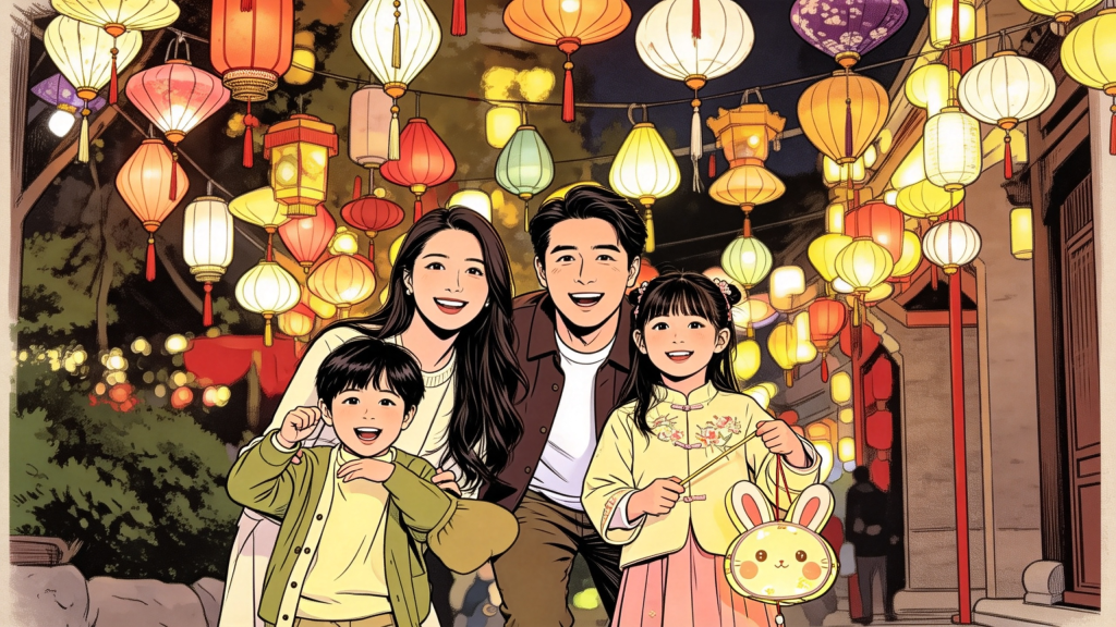 中秋家人聚会人物漫画风插画