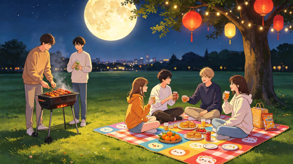 中秋朋友公园聚会人物漫画风插画