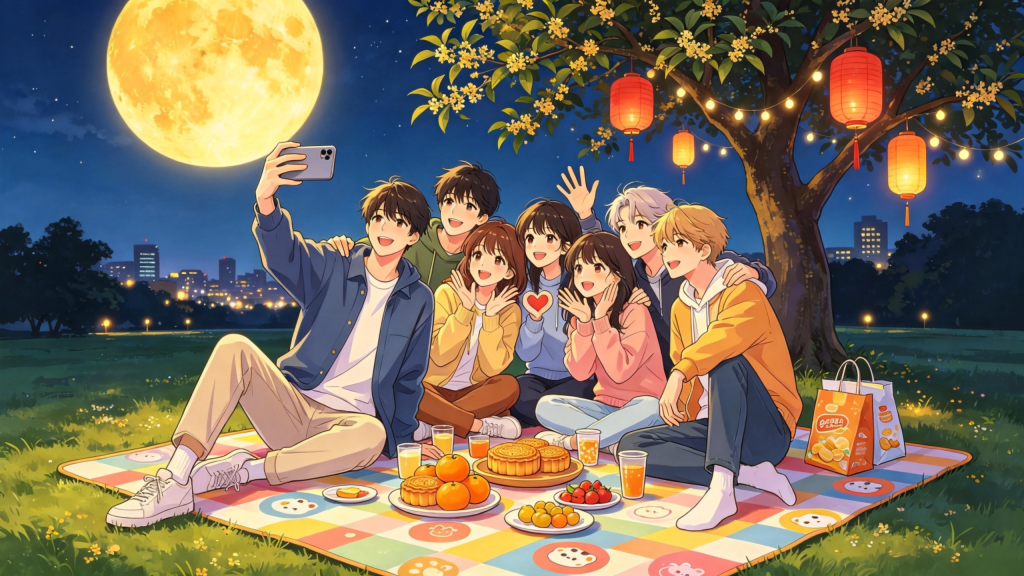 中秋朋友公园赏月人物漫画风插画