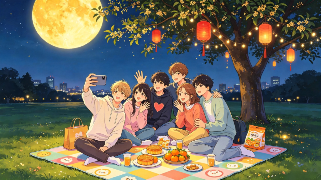 中秋朋友公园赏月人物漫画风插画