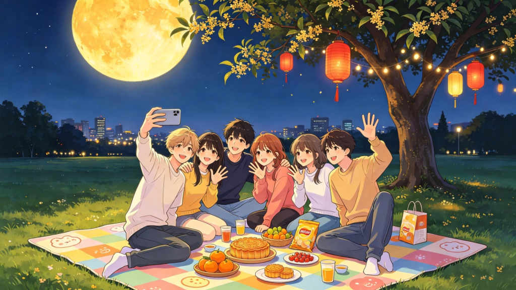 中秋朋友公园赏月人物漫画风插画