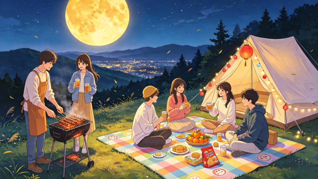 中秋朋友山顶聚会人物插画