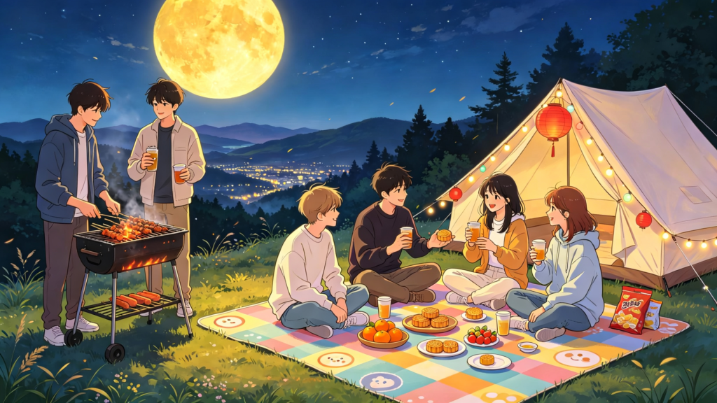 中秋朋友山顶聚会人物插画