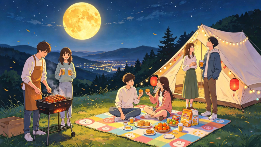 中秋朋友山顶聚会人物插画