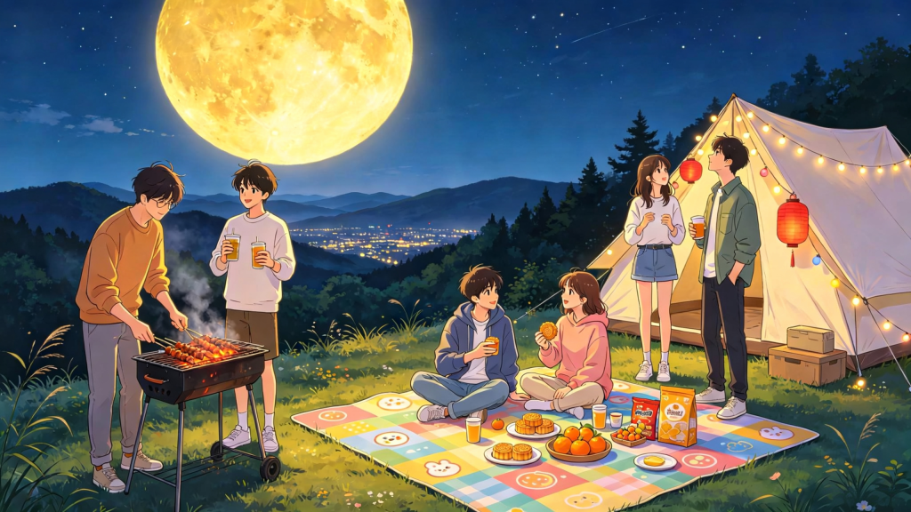 中秋朋友山顶聚会人物插画