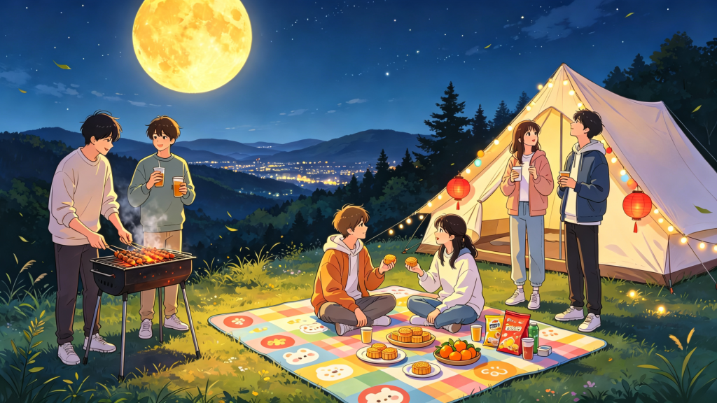 中秋朋友山顶聚会人物插画