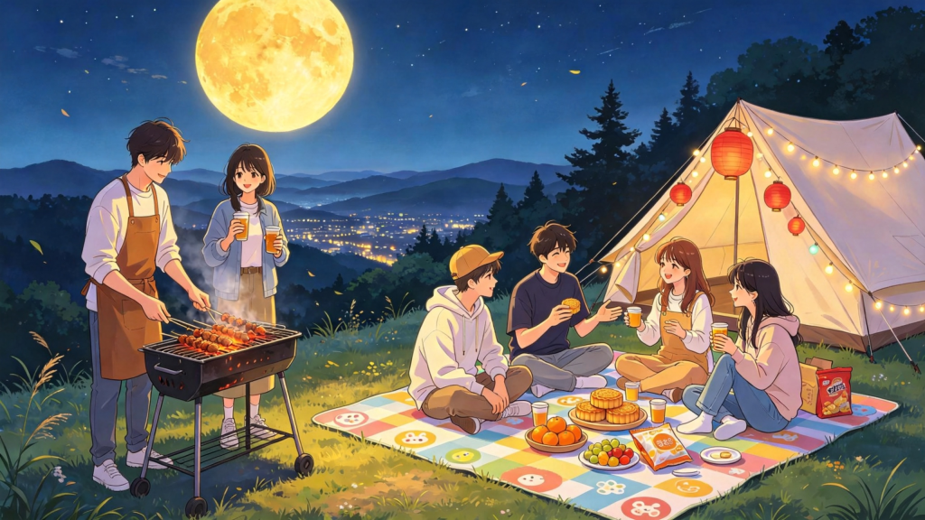 中秋朋友山顶聚会人物插画