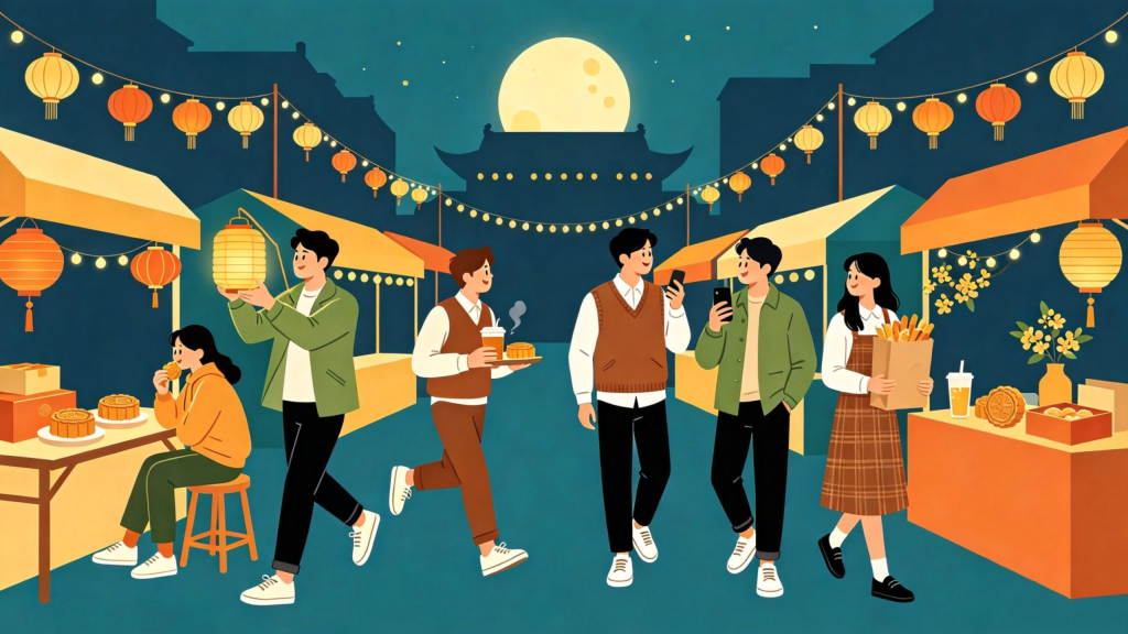 中秋朋友逛夜市扁平风插画