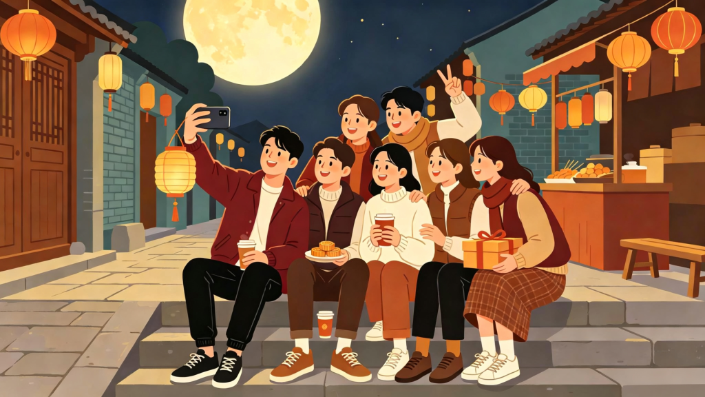 中秋朋友逛夜市扁平风插画