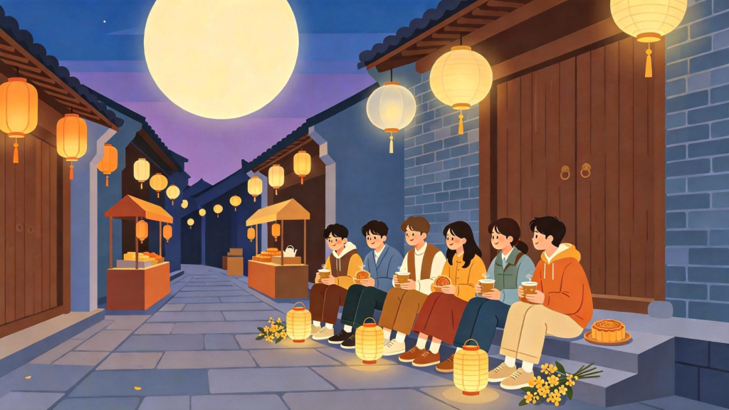 中秋朋友逛夜市扁平风插画