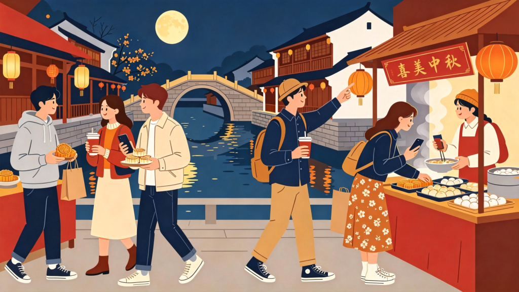 中秋朋友逛夜市扁平风插画