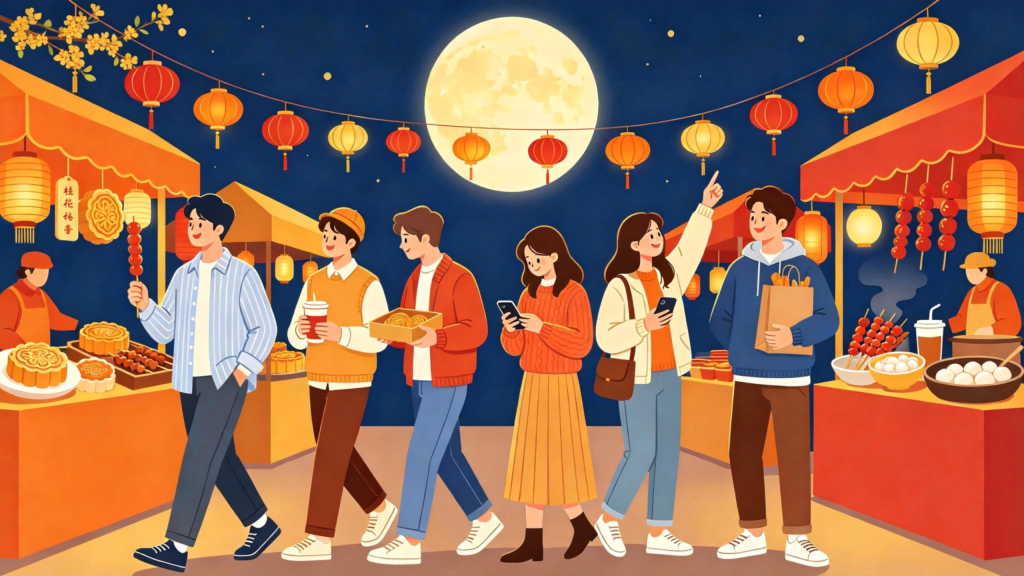 中秋朋友逛夜市扁平风插画