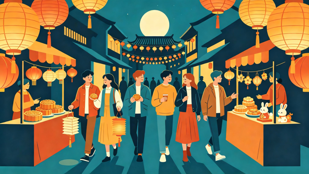 中秋朋友逛夜市扁平风插画