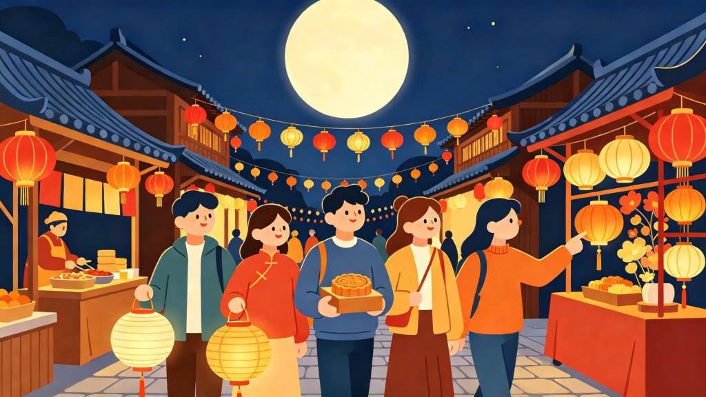 中秋朋友逛夜市扁平风插画