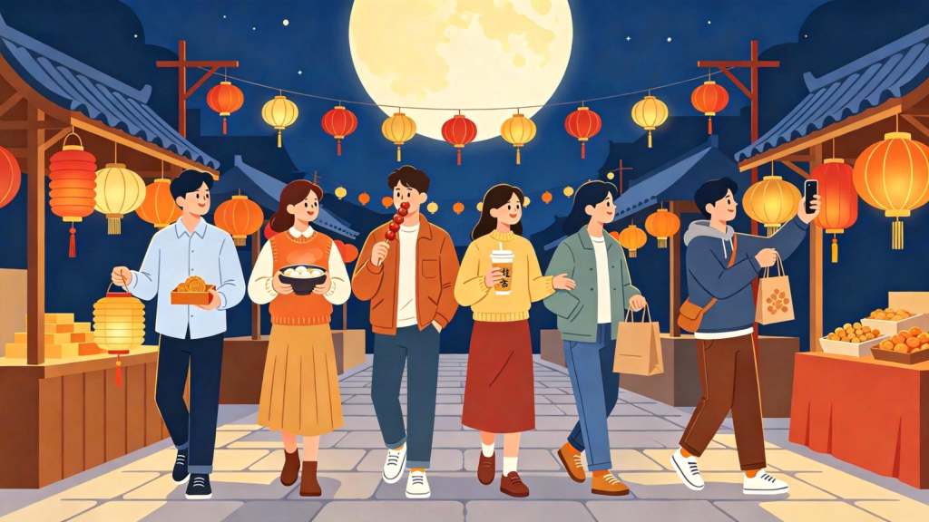 中秋朋友逛夜市扁平风插画