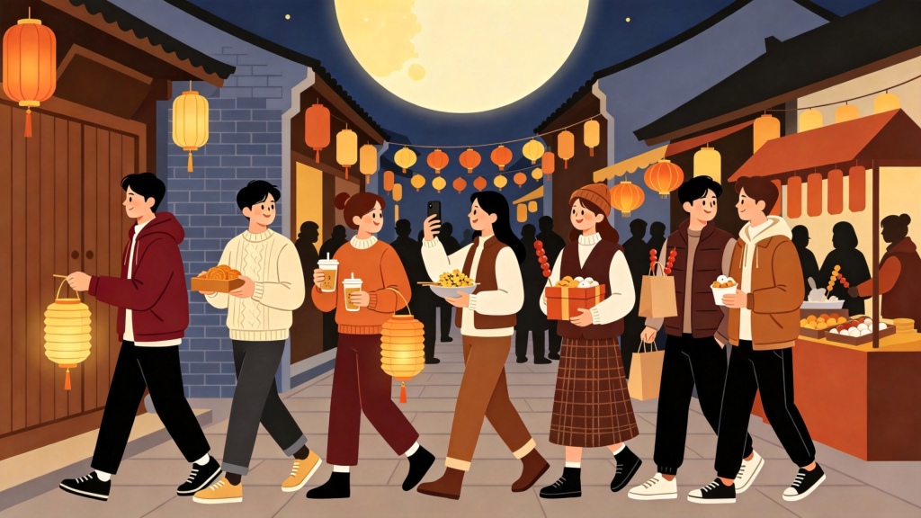 中秋朋友逛夜市扁平风插画