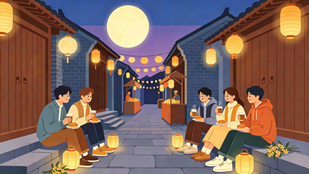 中秋朋友逛夜市扁平风插画