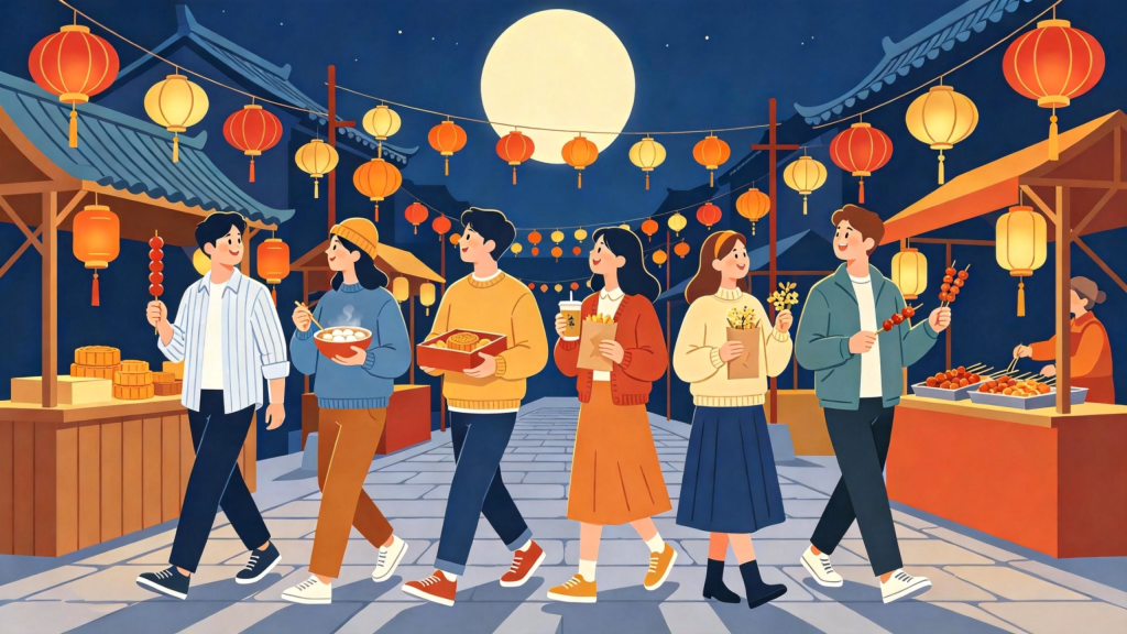 中秋朋友逛集市扁平风插画