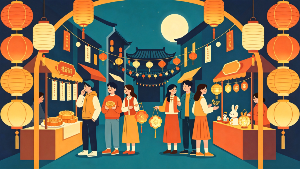 中秋朋友逛集市扁平风插画
