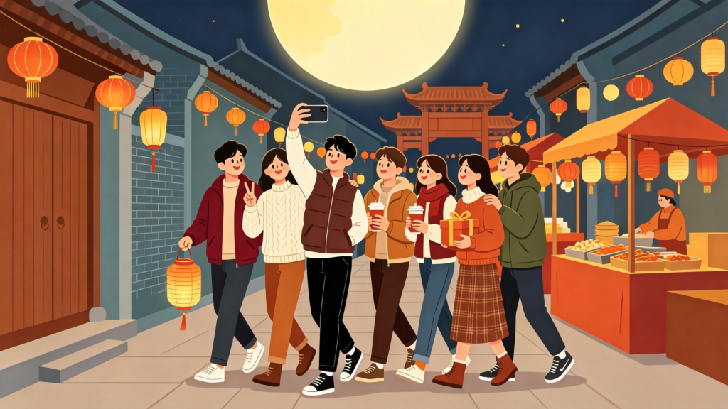 中秋朋友逛集市扁平风插画