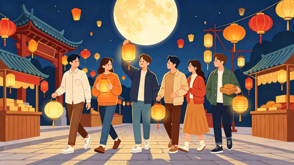 中秋朋友逛集市扁平风插画