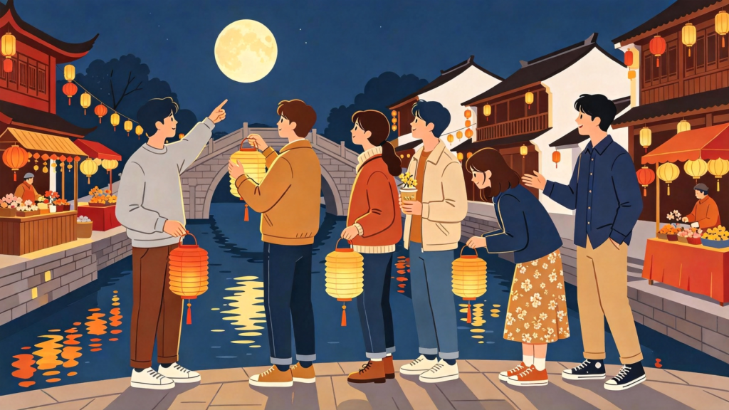 中秋朋友逛集市扁平风插画