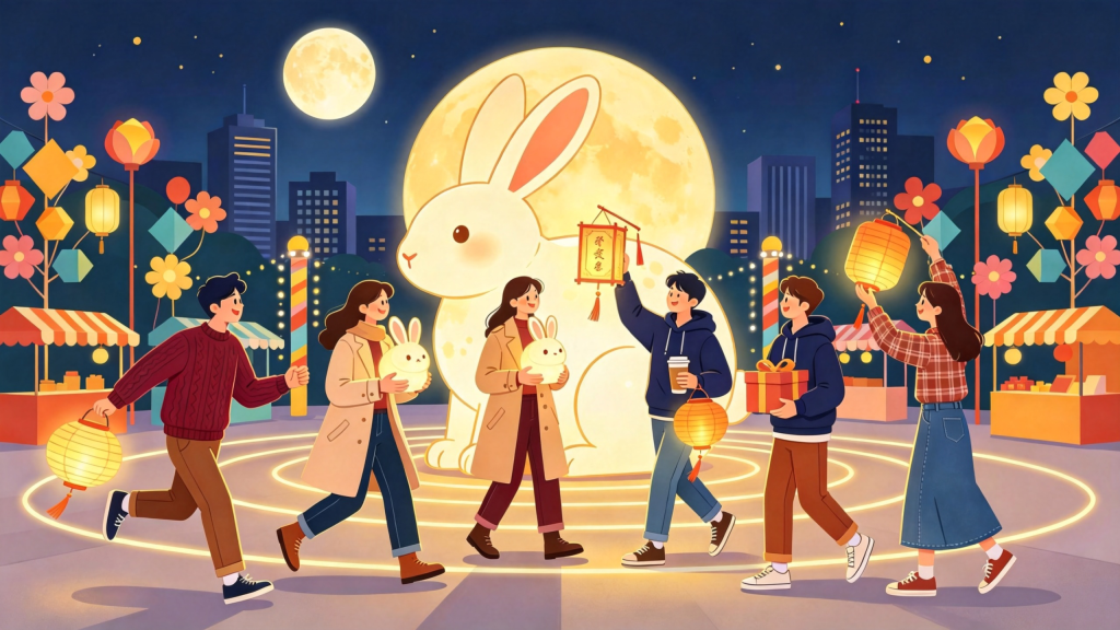 中秋朋友逛灯会扁平风插画