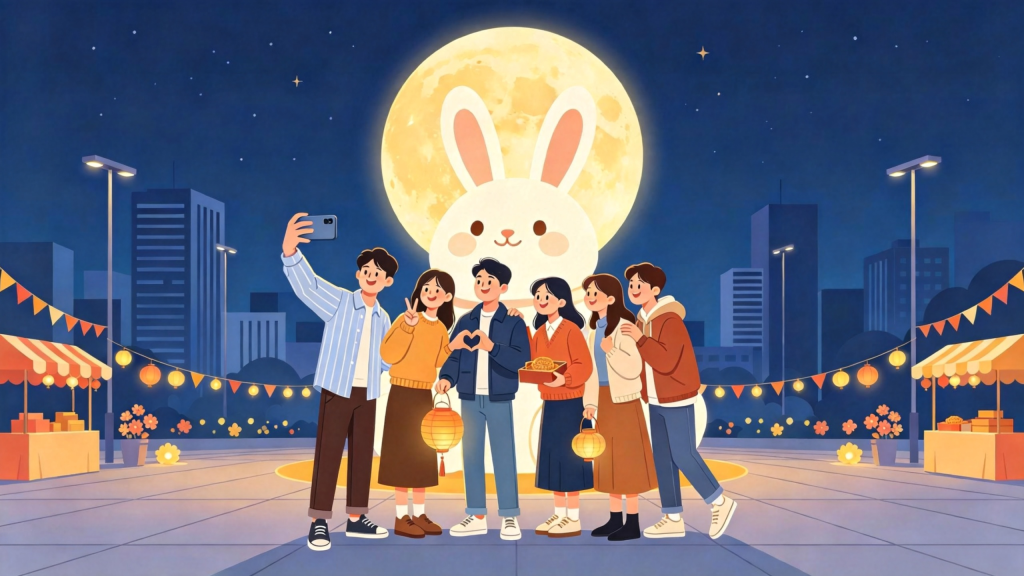 中秋朋友逛灯会扁平风插画