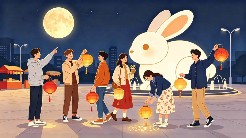 中秋朋友逛灯会扁平风插画